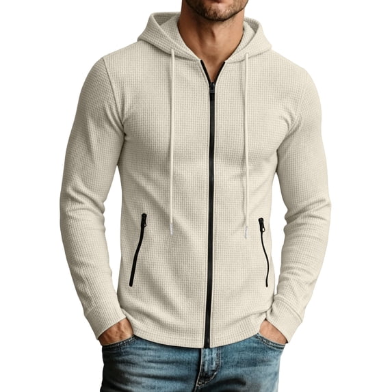Turilly Hoodies Men Waffle Knit Zip Up Hoodie Solid Color Casual Lightweight Jacket