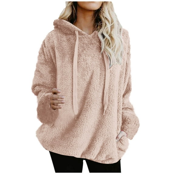 Turilly Hoodies for Women Under $10 Womens Fall And Winter Solid Color Long Sleeve Warm Wool Pockets Drawstring Tops Hooded Sweatshirt