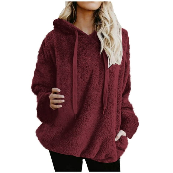 Turilly Hoodies for Women Under $10 Womens Fall And Winter Solid Color Long Sleeve Warm Wool Pockets Drawstring Tops Hooded Sweatshirt