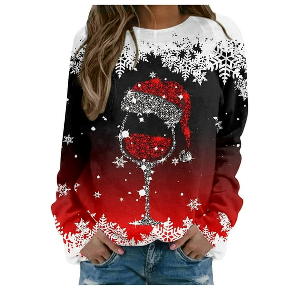 Turilly Hoodless Sweatshirt Tops for Women Women's Fashion Christmas Printed Round Neck Long Sleeve Pullover Top Sweatshirts