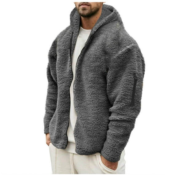 Turilly Jackets for Men Man Solid-Color Plush Pocket Zipper Long Sleeve Hooded Casual Jackets