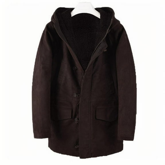 Turilly Jackets for Men Thicken Plus Size Man Solid Color Intensification Suede Pockets Button Hooded Overcoat