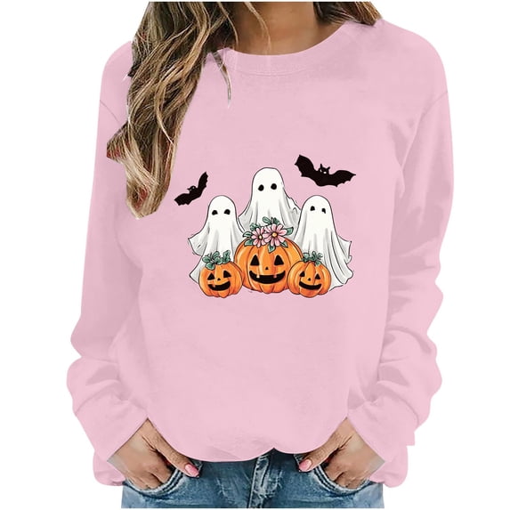 Turilly Women's Halloween Ghosts and Floral Pumpkins Graphic Crewneck Sweatshirt Long Sleeve Fall Holiday Pullover Top