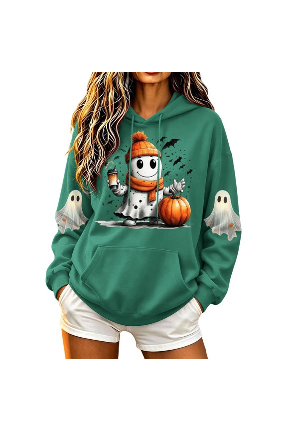 Trendy Women's Halloween Spirit Graphic Hooded Sweatshirt Long Sleeve Drawstring Pullover Top for Seasonal Celebrations