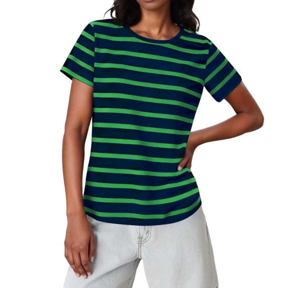 Turilly Ladies Striped Short Sleeve Tees Fashion Women's Casual Crew Neck T-Shirt Slim Green XXL