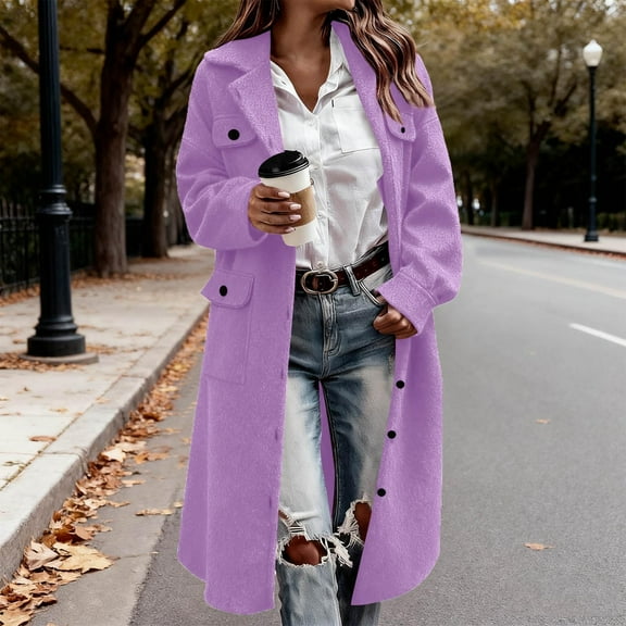 Turilly Lady's Fashion Lapel Solid Color Woolen Pocket Long-sleeve Button Cardigan Coat Top