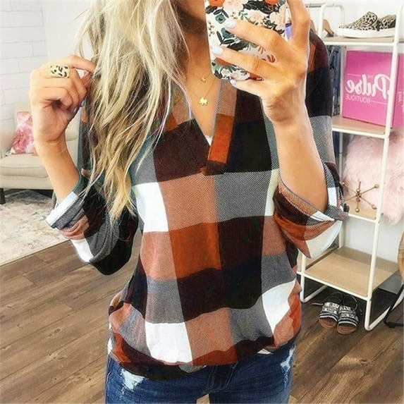Turilly Long Sleeve Women Casual Roll Up Long Sleeve V-Neck Plaid Shirt Slim Top Long