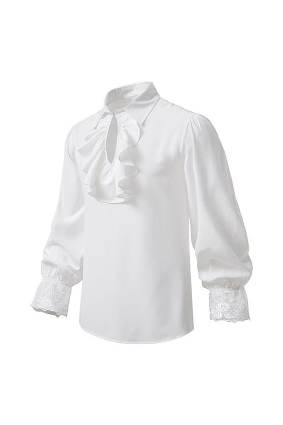 Men Casual Fashion Pullover Long Sleeve Stand Collar Ruffled Renaissance Shirt Steampunk Trumpet Sleeve Top