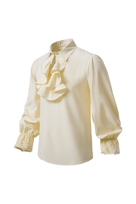 Men Casual Fashion Pullover Long Sleeve Stand Collar Ruffled Renaissance Shirt Steampunk Trumpet Sleeve Top