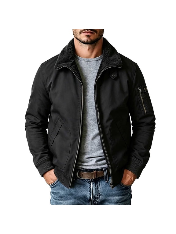 Men's Canvas Jacket Sherpa Collar Zip Up Multi Pocket Casual Coat for Fall Winter Outdoor