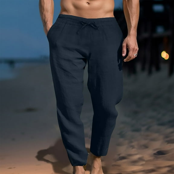 Turilly Men's Casual Linen Drawstring Pocket Elastic Belt Straight Solid Pants