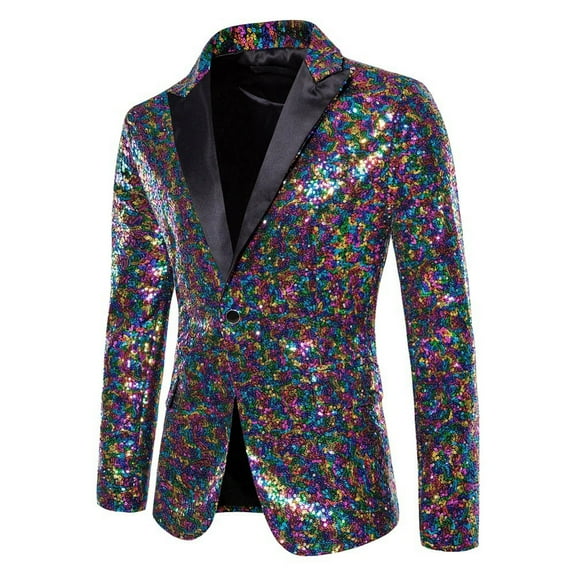Turilly Men's Color Matching Sequin Suit One Button Dress Performance Suit Long Sleeved Lapel Collar Suit Jacket Coat Blazer