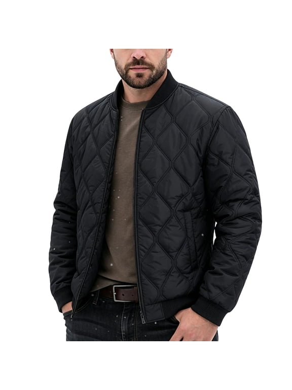 Men's Diamond Quilted Bomber Jacket Stand Collar Zip Up Lightweight Padded Coat for Fall Winter