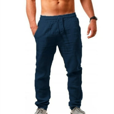 Turilly Men's Elastic Pants Solid Color Breathable Cotton Linen Loose Casual Pants
