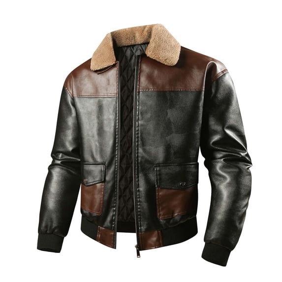 Turilly Men's Faux Leather Bomber Jacket Sherpa Collar Zip Up Flap Pockets Casual Coat for Fall Winter