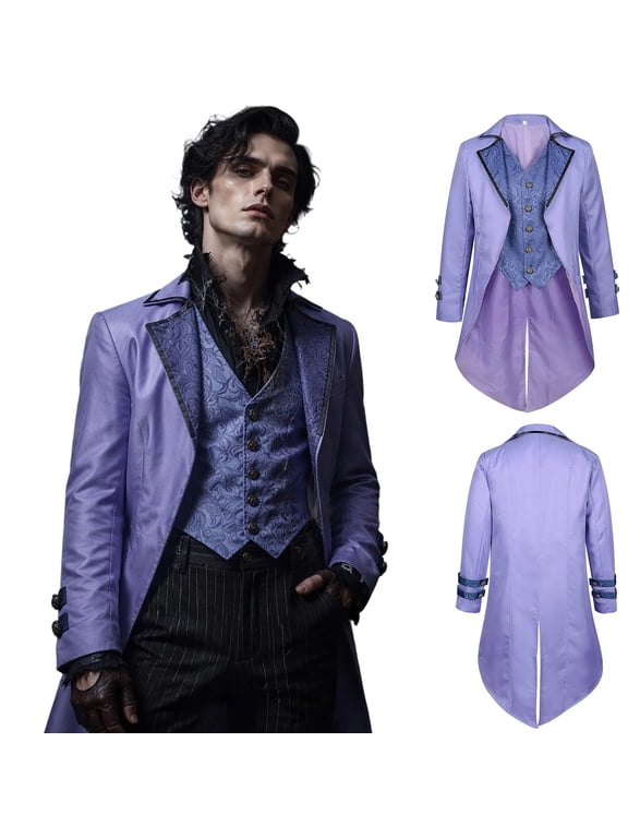 Men's Gothic Tailcoat Jacket Lapel Collar Button Front Long Hem Halloween Costume for Party