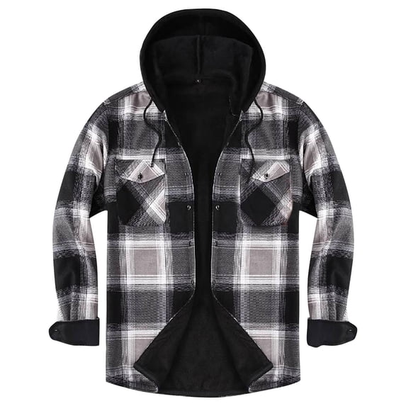 Turilly Men's Long Sleeve Casual Hooded Jackets Plaid Shirt With Buttons Fleece Lined Pockets Warm Top Outwear Jackets