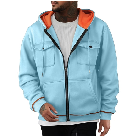 Turilly Men's Multi Pocket Zipper Cargo Coats Solid Color Cardigan Long Sleeved Hooded Sweatshirt Jacket