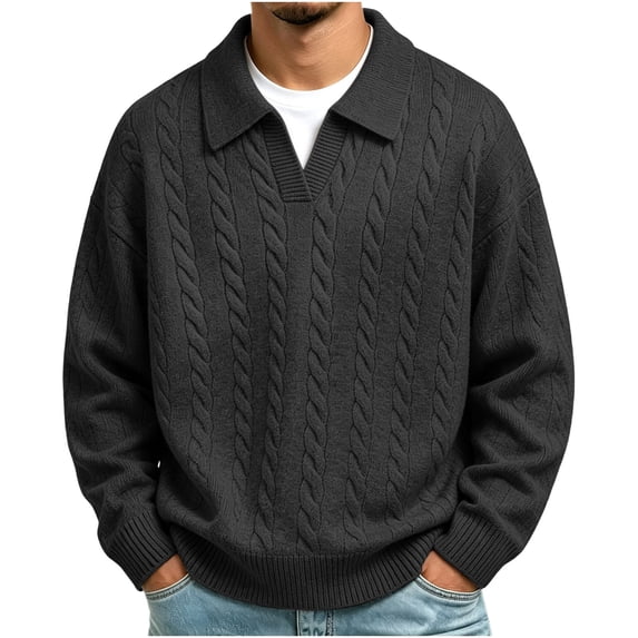Turilly Men's Sweater Cable Knit Collar Pullover Sweater with Open V Neck Detail Acrylic Warm Casual Layering Top
