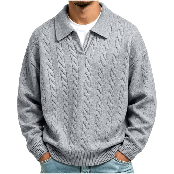 Turilly Men's Sweater Cable Knit Collar Pullover Sweater with Open V Neck Detail Acrylic Warm Casual Layering Top