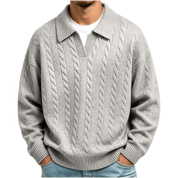 Turilly Men's Sweater Cable Knit Collar Pullover Sweater with Open V Neck Detail Acrylic Warm Casual Layering Top