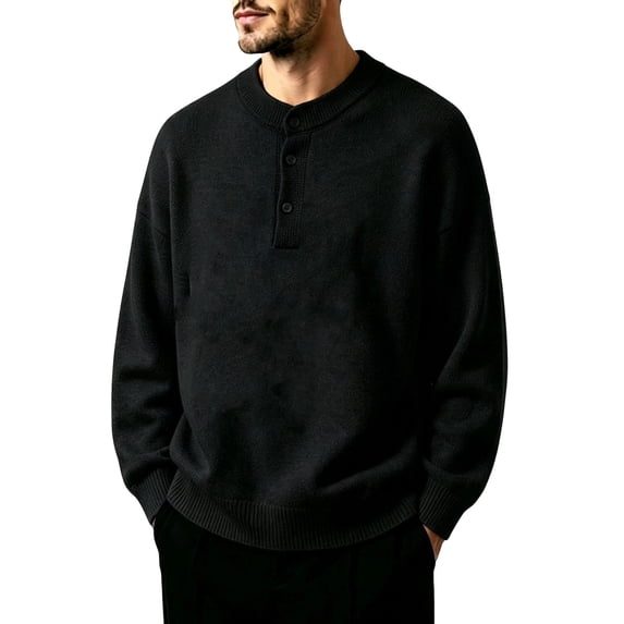 Turilly Men's Sweater Henley Neck Button Placket Pullover Sweater with Ribbed Cuffs Casual Essential Top