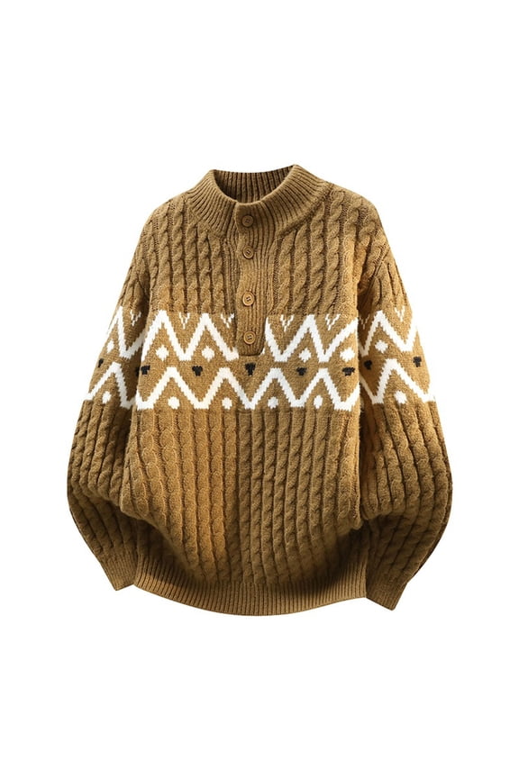 Men's Sweater Henley Neck Cable Knit Pullover Sweater with Geometric Pattern and Button Placket Acrylic Top