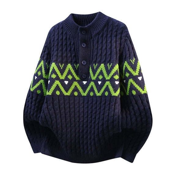 Turilly Men's Sweater Henley Neck Cable Knit Pullover Sweater with Geometric Pattern and Button Placket Acrylic Top