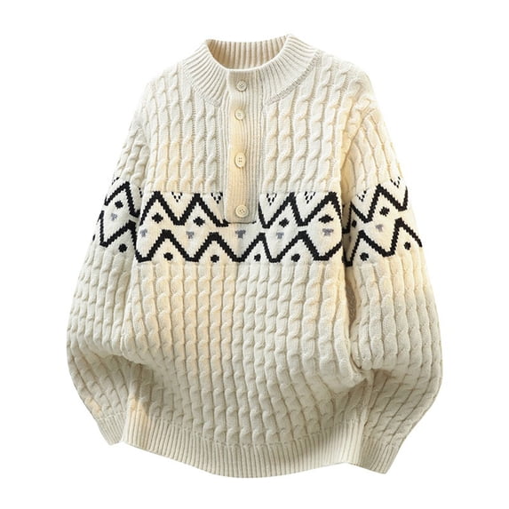 Turilly Men's Sweater Henley Neck Cable Knit Pullover Sweater with Geometric Pattern and Button Placket Acrylic Top