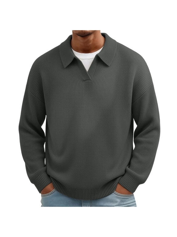 Men's Sweater Ribbed Knit Collar Pullover Sweater with Open V Neck Detail Acrylic Casual Everyday Essential