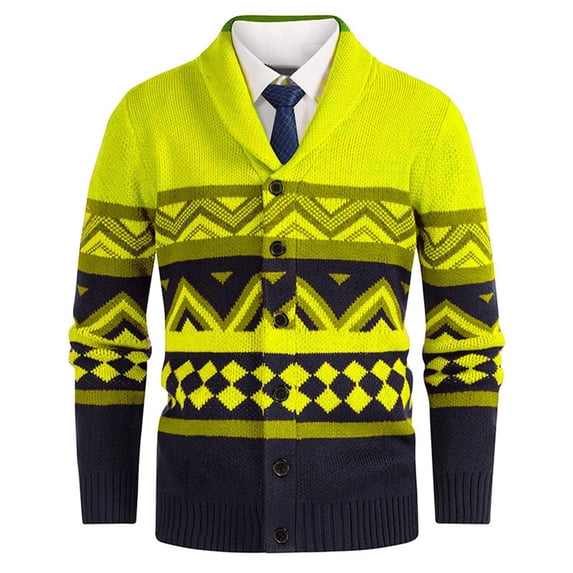 Turilly Men's Sweater Shawl Collar Button Front Cardigan Sweater with Geometric Zigzag Pattern Soft Casual Everyday Top