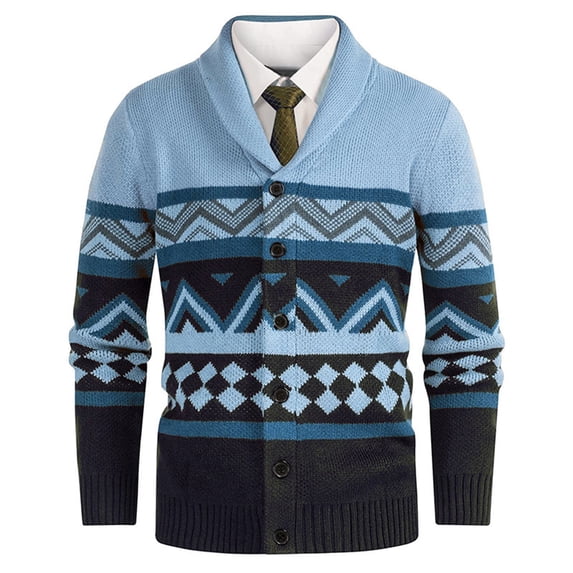 Turilly Men's Sweater Shawl Collar Button Front Cardigan Sweater with Geometric Zigzag Pattern Soft Casual Everyday Top