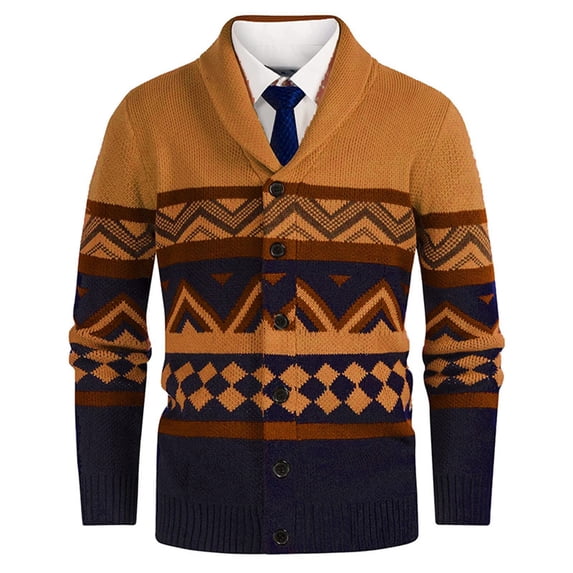 Turilly Men's Sweater Shawl Collar Button Front Cardigan Sweater with Geometric Zigzag Pattern Soft Casual Everyday Top