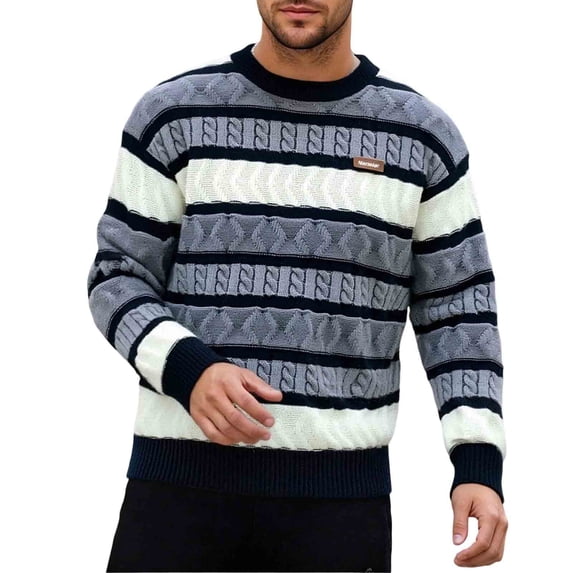 Turilly Men's Sweater Striped Geometric Knit Crewneck Pullover Sweater with Small Chest Label Casual Everyday Top