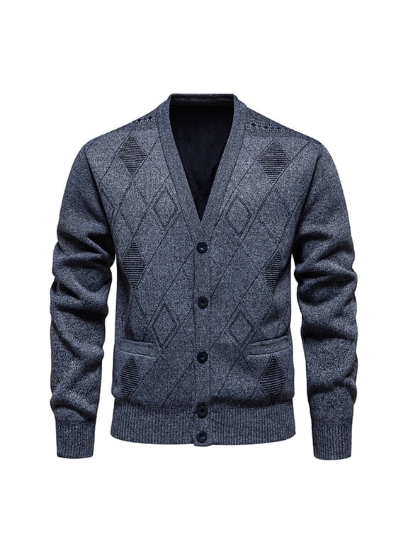 Men's Sweater V Neck Argyle Cardigan Sweater Button Front with Pockets Soft Acrylic Knit Fall Winter
