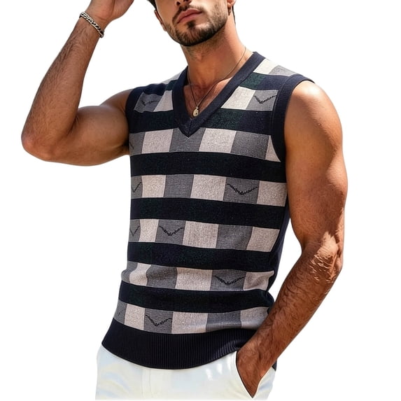 Turilly Men's Sweater V Neck Checkered Plaid Knit Sweater Vest Sleeveless Acrylic Casual Layering Everyday Essential