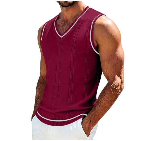 Turilly Men's Sweater V Neck Sleeveless Sweater Vest with Contrast Trim Detail Cable Knit Acrylic Layering Essential