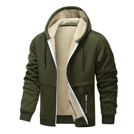 Turilly Men's Warm Solid Color Thick Design Zipper Pocket Drawstring Long Sleeved Hooded Casual Jacket
