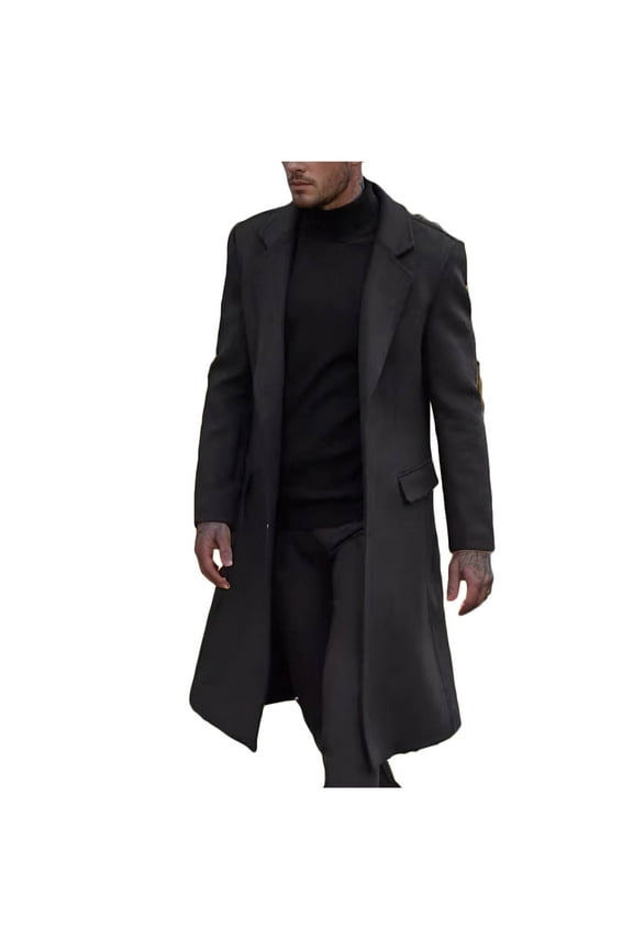 Men's Wool Blend Coat Men Casual Button Solid Long Sleeve Turn Down Collar Outwear Single Breasted Pea Coat wih Pockets