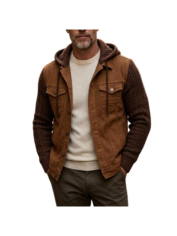Men's Zip Up Hoodies Hooded Denim Jacket Knit Sleeve Button Down Chest Pocket Casual Outdoor Layering Coat