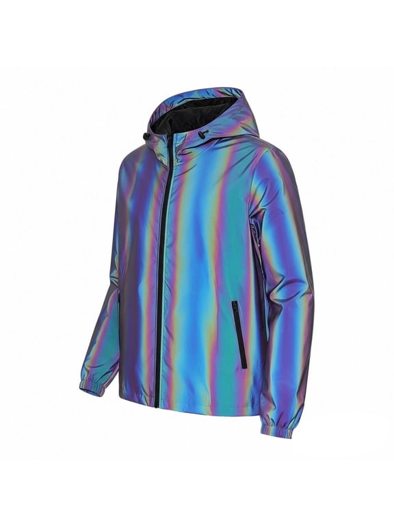 Men's Zip Up Hoodies Iridescent Reflective Hooded Jacket Full Zip Lightweight Rainbow Windbreaker Streetwear Coat