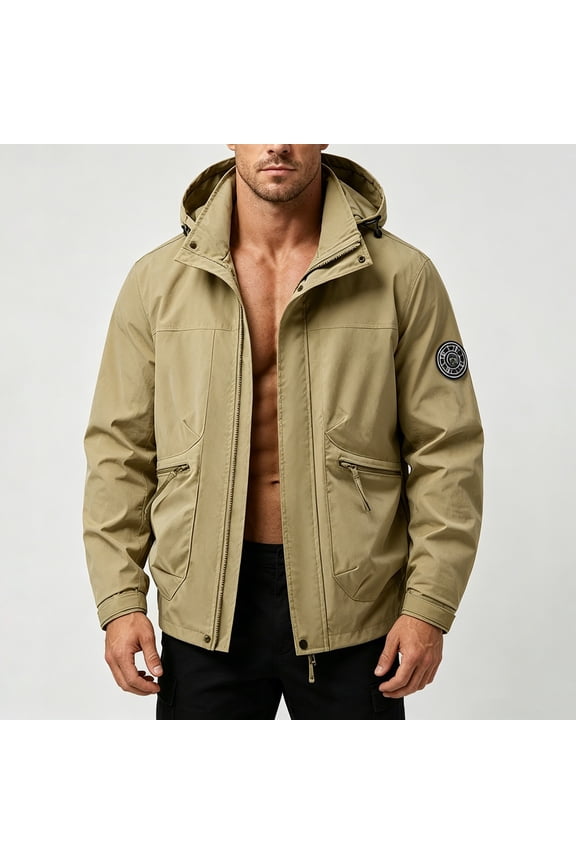 Men's Zip Up Hoodies Mens Hooded Techwear Jacket Full Zip Utility Pockets Outdoor Windbreaker With Sleeve Patch