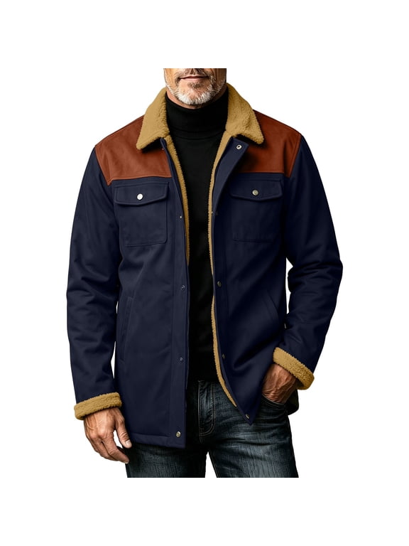 Mens Canvas Sherpa Lined Work Jacket Stand Collar Zip Up Flap Pockets Outdoor Coat for Winter