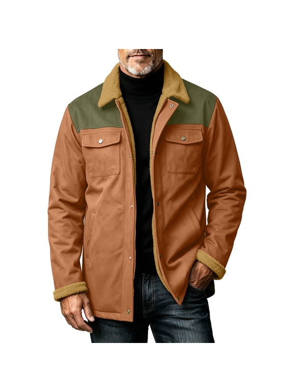Mens Canvas Sherpa Lined Work Jacket Stand Collar Zip Up Flap Pockets Outdoor Coat for Winter