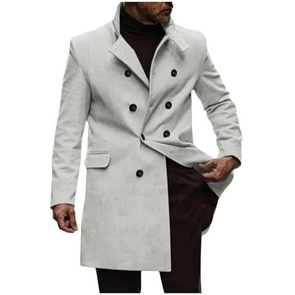 Turilly Mens Cotas Men Solid Color Double-Breasted Pocket Flip Collar Mao Long Sleeves Qvercoat Loose Coat