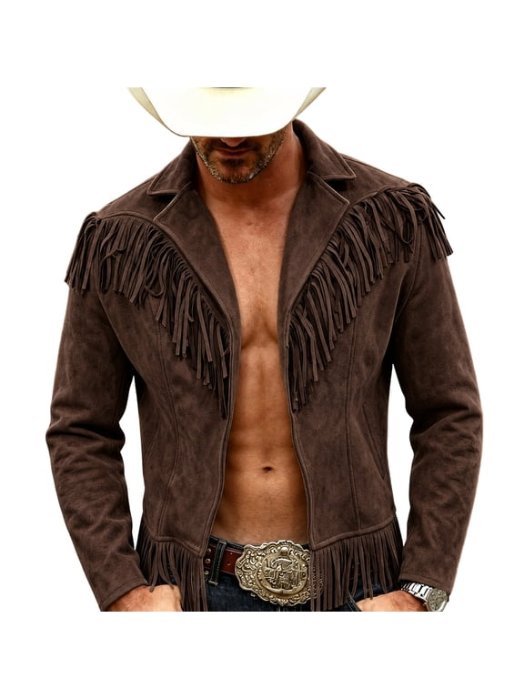 Mens Faux Suede Fringe Jacket Lapel Collar Open Front Western Coat for Fall Winter Party