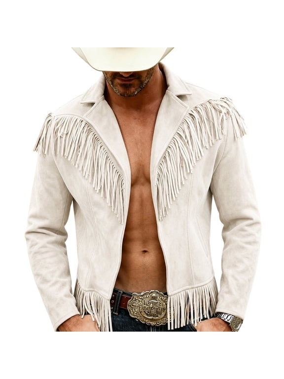 Mens Faux Suede Fringe Jacket Lapel Collar Open Front Western Coat for Fall Winter Party