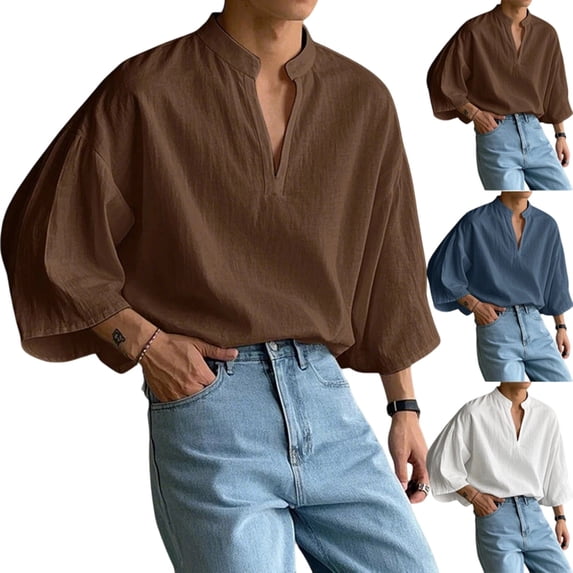 Turilly Mens Long Sleeve T-Shirt Oversized Vintage Henley Shirts 3/4 Sleeve Linen Shirt Loose Fit Lightweight Summer Blouse