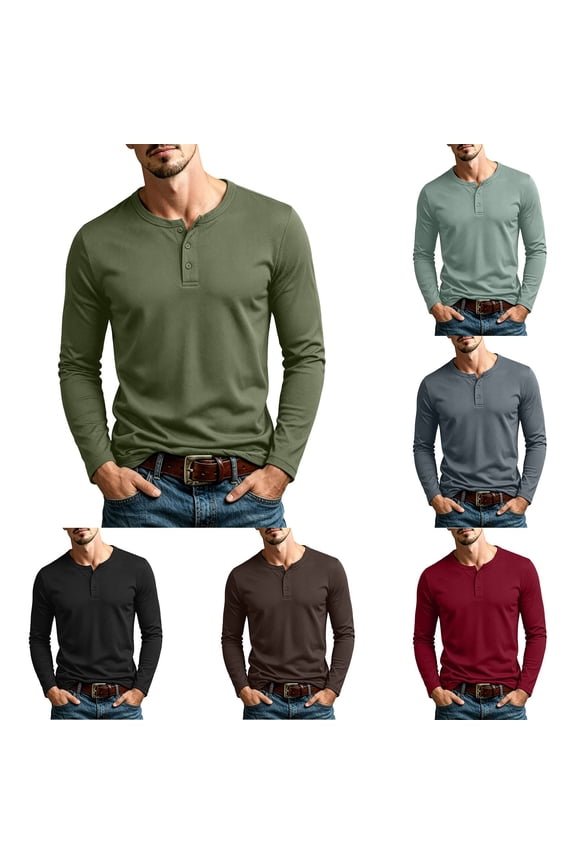Mens Long Sleeve T-Shirt Waffle Knit Three Button Henley Long Sleeve Tee Solid Soft Stretch Everyday Basic Shirt