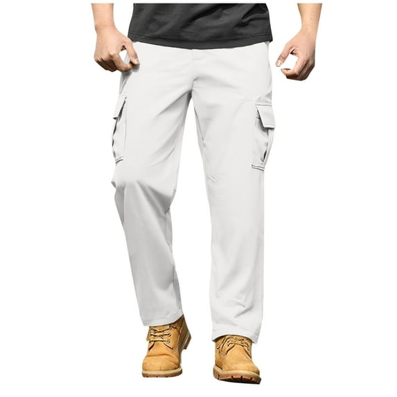 Turilly Mens Outdoor Cargo Pants Solid Color Casual Clothes Pockets Full Length Pants with Elastic Waist